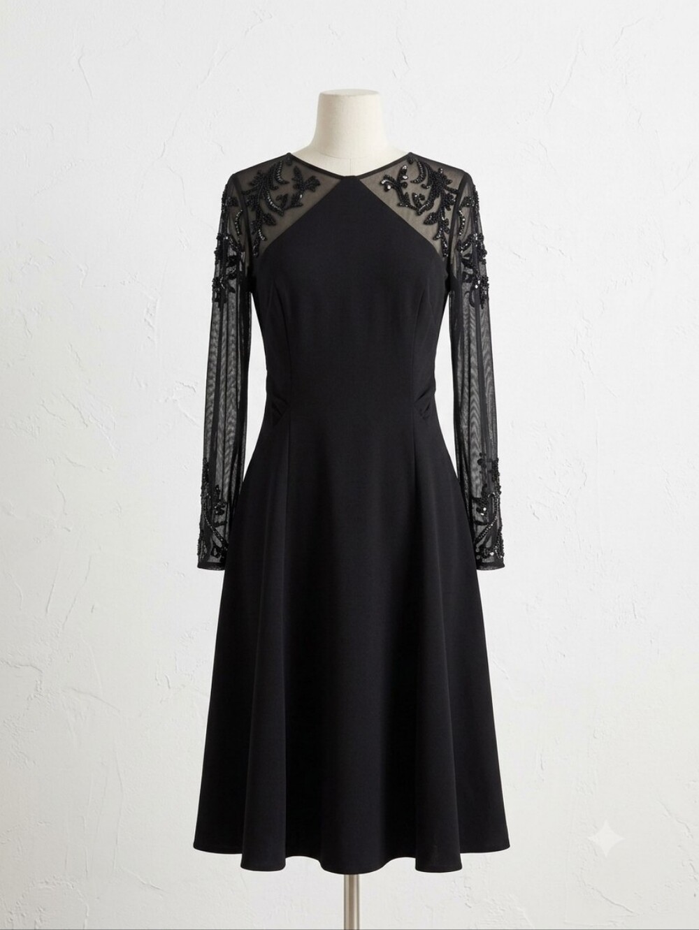 Tahari NWT Elegant Black Long-Sleeve A-Line Dress with Illusion Yoke, Size 12